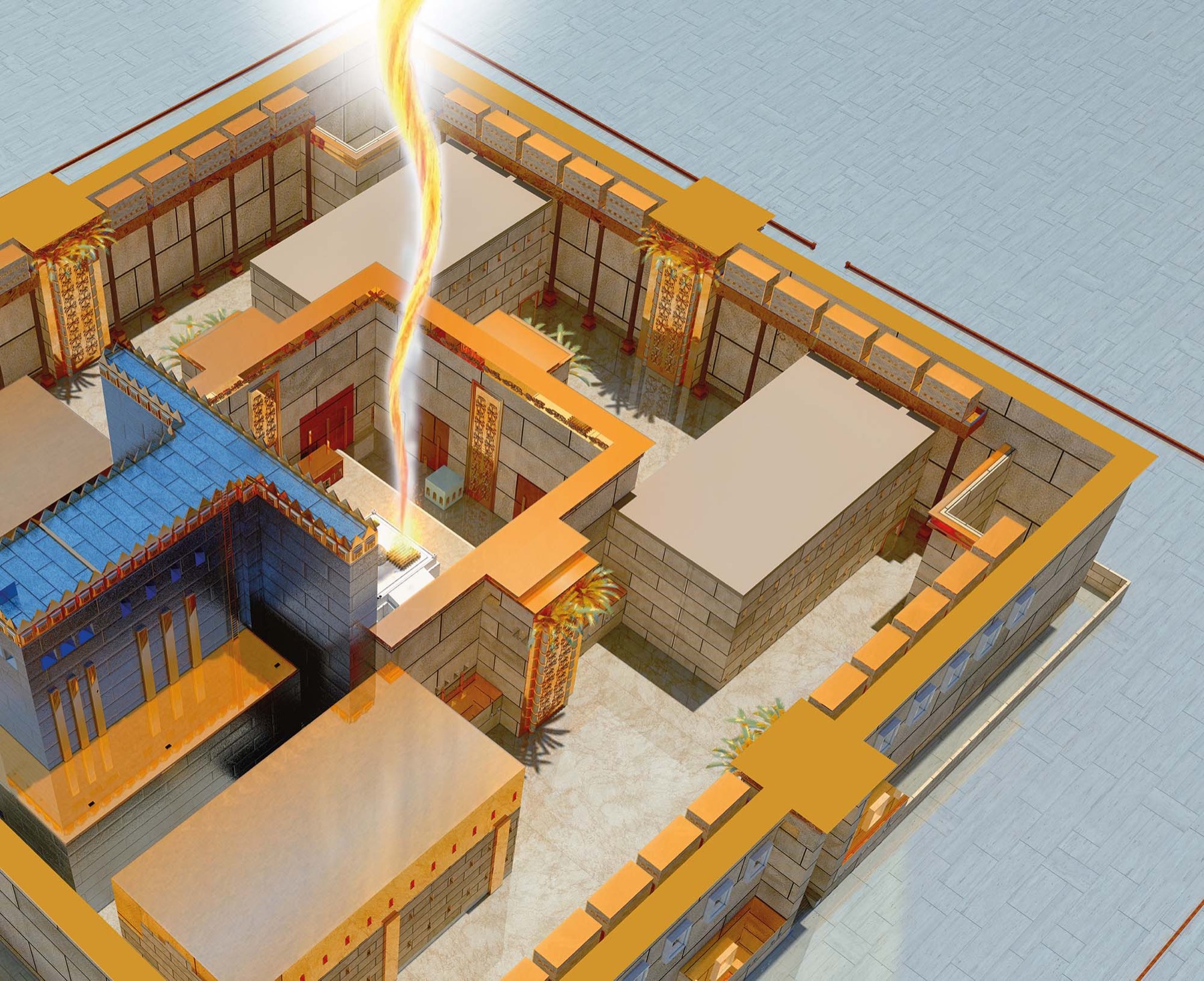 An aerial view of the whole Mikdash complex, the fire of the mizbeach rising from the inner court