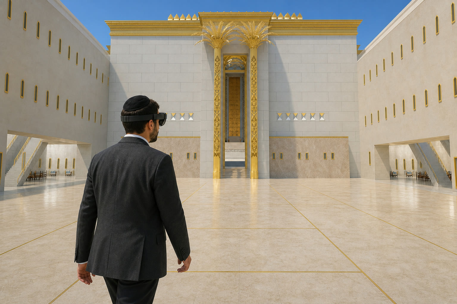 An Orthodox Jewish man wearing mixed-reality goggles while walking a marked floor toward the golden entrance of a full-scale concept environment