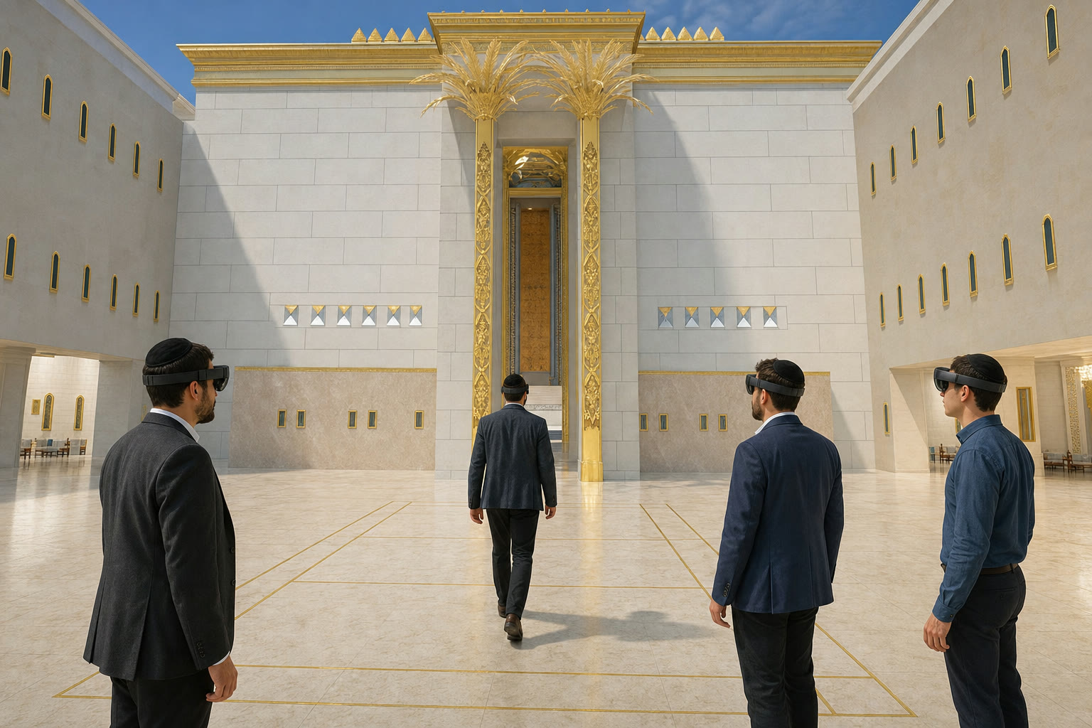 Orthodox Jewish men wearing mixed-reality goggles while walking toward the golden entrance of the Third Beit HaMikdash
